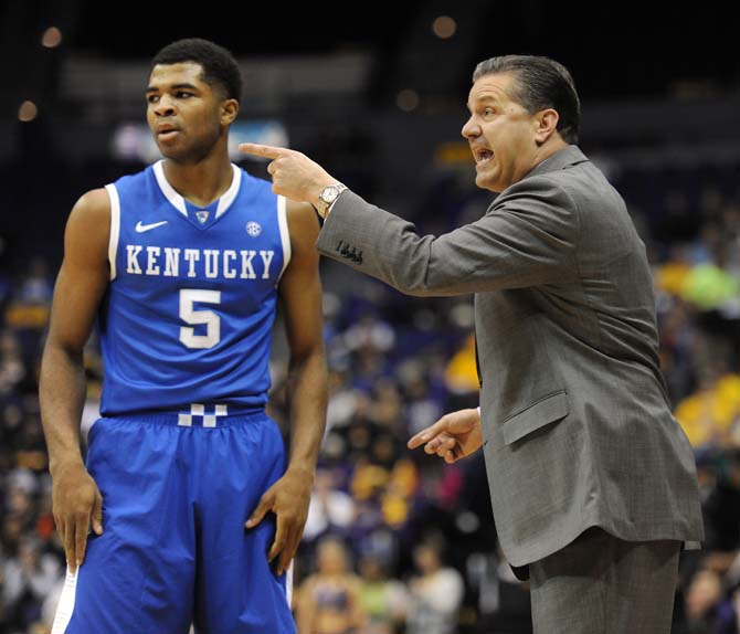 Kentucky head basketball coach John Calipari instructs his team in the first half of a 87-82 loss to LSU on Tuesday, Jan. 28, 2014 in the PMAC.