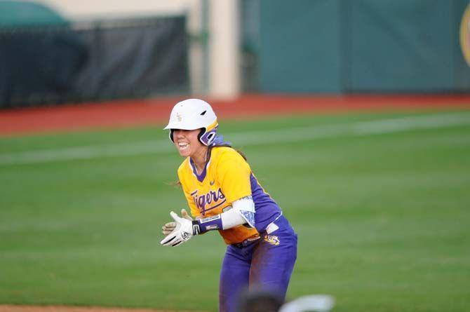 Sahvanna Jaquish celebrating after stealing second base on Friday, Feb. 6, 2015, in the second to last inning of the LSU vs. Memphis game at Tiger Park.