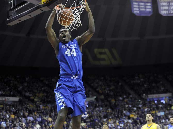 Kentucky sophomore center Dakari Johnson (44) dunks the ball during the Tigers' 71-69 loss on Tuesday, February, 10, 2015 in the Pete Maravich Assembly Center.