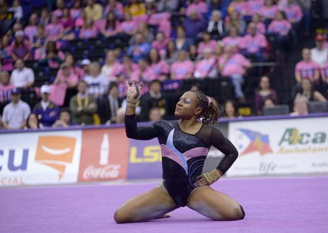 LSU senior all-arounder Lloimincia Hall performs her dance rutine during the Tigers' 198.075-196.850 victory against No. 9 Georgia on Friday, Feb. 6, 2015. in the PMAC.