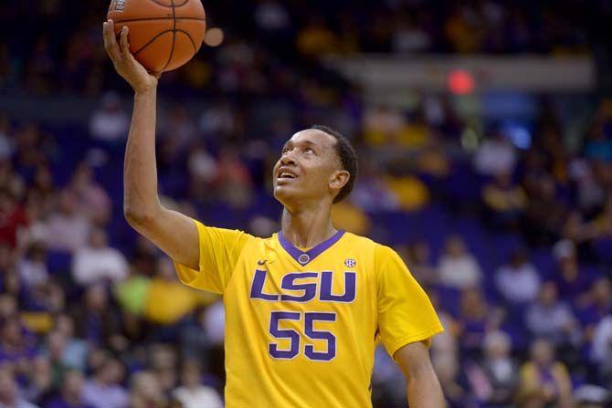 LSU sophomore guard, Tim Quarterman (55), looks up at the ball while the Tigers are ahead in their 71-60 victory against Alabama on Saturday, Feb. 7, 2015, in the Pete Maravich Assembly Center.