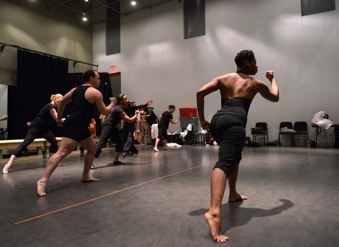 Performers rehearse an interpretive dance routine Sunday, Feb. 20, 2015, that will be shown in the upcoming production of "The Fading Line: A Commemoration of the 1953 Baton Rouge Bus Boycott."