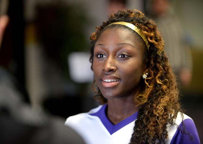 LSU senior outfield A.J. Andrews (6) adresses the press during Softball media day on Monday, Feb 2, 2015. on the Sports Administration Building.