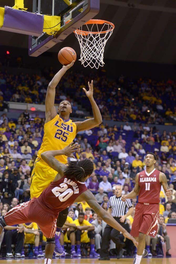 LSU sophomore forward, Jordan Mickey (25), shoots the ball during the Tiger's 71-60 victory against Alabama on Saturday, Feb. 7, 2015, in the Pete Maravich Assembly Center.