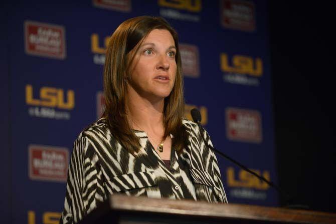 LSU softball head coach Beth Torina adresses the press during Softball media day on Monday, Feb 2, 2015. on the Sports Administration Building.