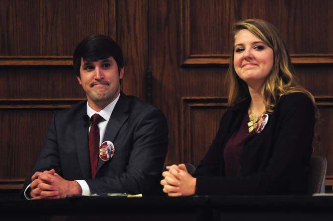 Student Government vice presidential candidate Wesley Davis (Left) and presidential candidate Helen Frink (Right) from the Make it Matter ticket take questions Thursday, March 5, 2015 during the 2015 Student Government Debate held in the Holliday Forum.