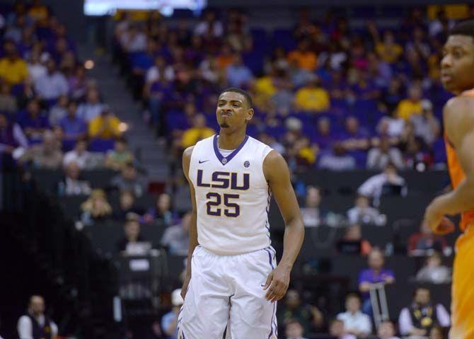 LSU sophomore forward Jordan Mickey (25) reacts to a bad play Wednesday, Mar. 4, 2015 during the Tigers' 78-63 loss against Tennessee in the Pete Maravich Assembly Center.