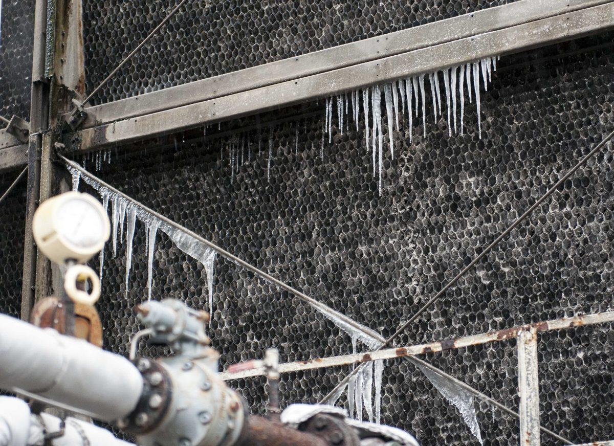 Icicles hang off the Cogeneration facility Tuesday, Jan. 28, 2014.