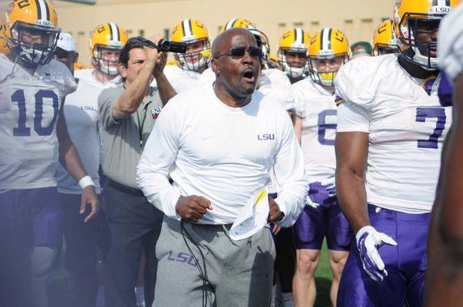 LSU coach Tony Ball talking to the players on a drill on Tuesday, Mar. 17, 2015 practice at the Football Operations practice field.