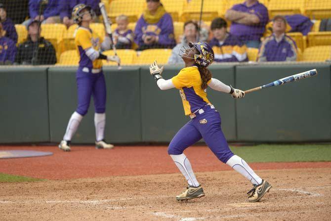 LSU senior A.J. Andrews (6) follows the ball after hitting during the Tiger&#8217;s 14-0 victory against Stephen F. Austin on Sunday March 1, 2015 at the Tiger Park