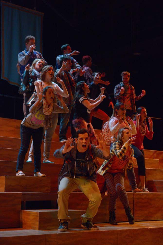 Students run through a dress rehearsal Saturday, Feb. 28, 2015, at Reilly Theatre in preparation for Carrie: The Musical. The LSU Department of Theatre and Swine Palace production of Carrie:The Musical will run March 4-15th.