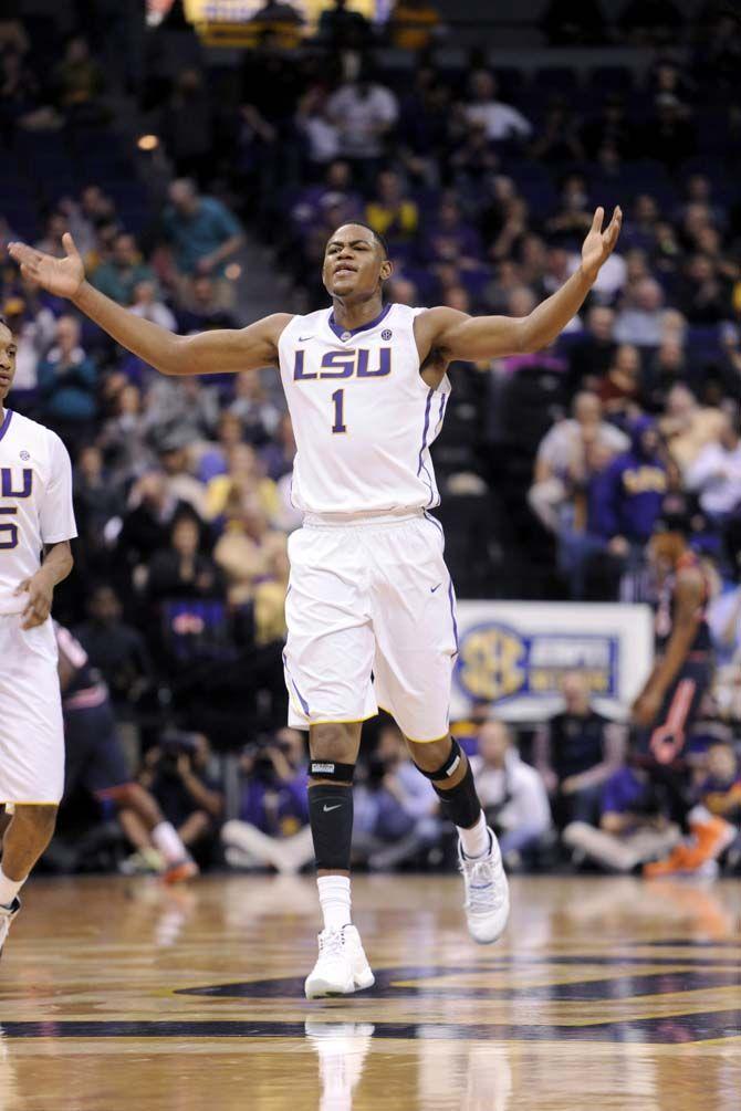 LSU sophomore forward Jarell Martin (1) celebrates after scoing points during the Tiger's 81-77 loss against Auburn on Thursday, Feb. 5, 2015 in the Pete Maravich Assembly Center.