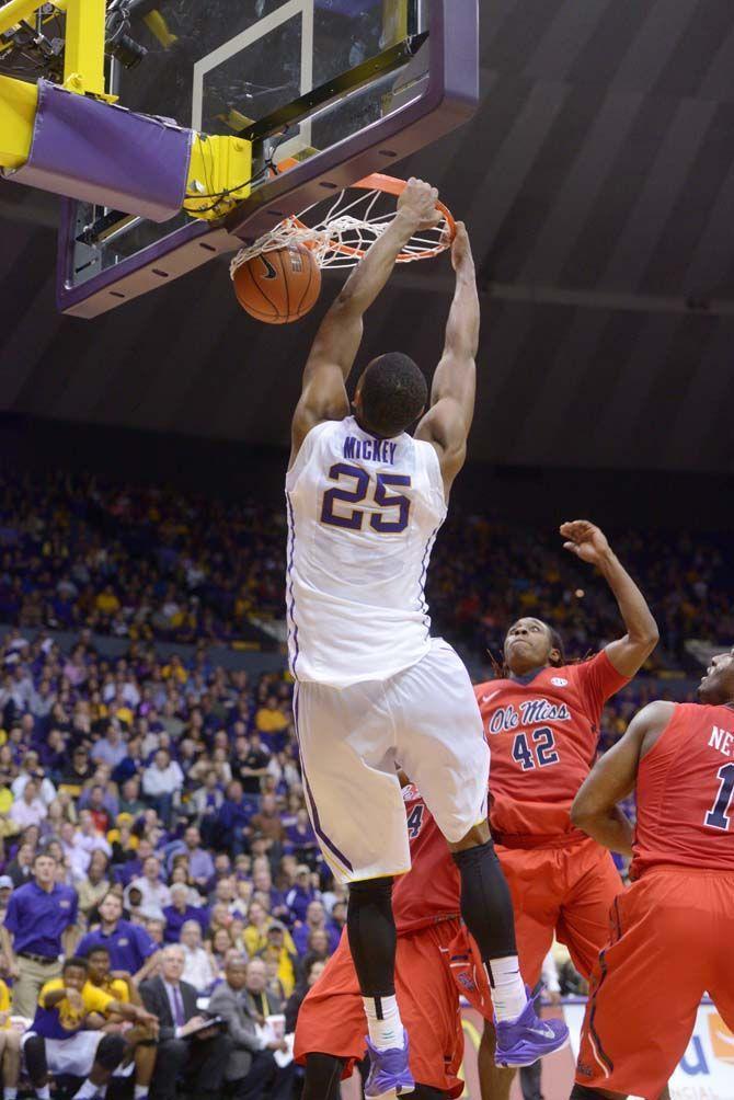 LSU sophomore forward Jordan Mickey (25) dunks the ball and scores on Saturday, Feb. 28, 2015 during the Tigers' 73-63 victory against Ole Miss in the Pete Maravich Assembly Center.