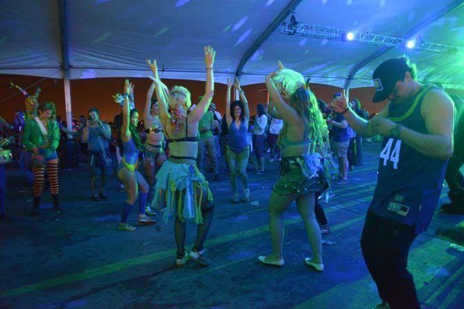 Dancers and festival goers dance underneath the discoball after the G-Eazy show on day two of BUKU Music + Art Festival.