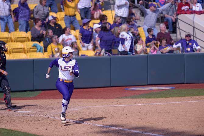 LSU sophomore catcher/infielder Sahvanna Jaquish (2) hits a grand slam on Sunday March 8, 2015 during the Lady Tigers' record breaking 7-1 victory against the Arkansas Razorbacks.