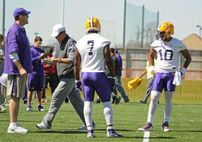 LSU junior QB Anthony Jennings (10) and LSU shophomore RB Leonard Fournette (7) on Saturday, Mar. 07, 2015 during the first spring practice at the Football Operations practice field.