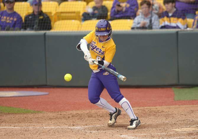 LSU freshman outfield Emily Griggs (8) bats during the Tiger&#8217;s 14-0 victory against Stephen F. Austin on Sunday March 1, 2015 at the Tiger Park