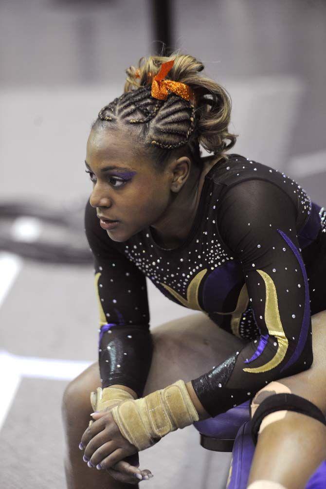 LSU senior all-around Lloimincia Hall waits for her floor rutine during the Tiger's 198.375 - 195.450 victory against Minnesota on Friday, March 6, 2015, at the Pete Maravich Assembly Center.