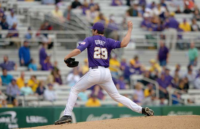 LSU freshman pitcher Jake Godfrey pitches the ball during the Tigers&#8217; 16-2 victory against Boston College on Saturday, Feb. 21, 2015 in Alex Box Stadium.