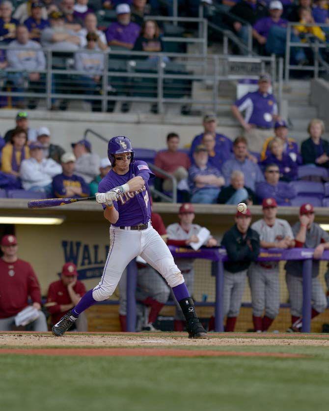 LSU senior infield Conner Hale bats during the Tigers&#8217; 16-2 victory against Boston College on Saturday, Feb. 21, 2015 in Alex Box Stadium.