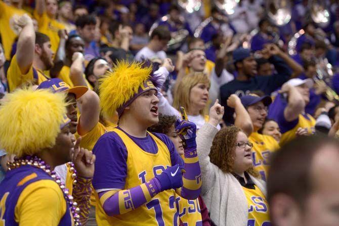 Fans cheer on the men's basketball team on Saturday, Feb. 21, 2015 during the Tigers' 70-63 victory against Florida in the Pete Maravich Assembly Center.