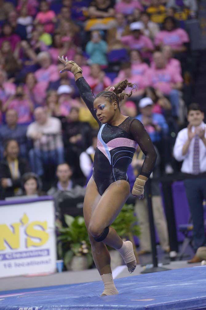 LSU senior all-arounder Lloimincia Hall performs her dance rutine during the Tigers' 198.075-196.850 victory against No. 9 Georgia on Friday, Feb. 6, 2015. in the PMAC.