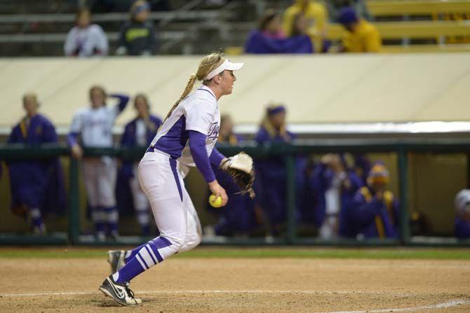 Freshman pitcher, Carley Hoover (21) pitches on Friday during the tigers' softball game against Ball State on Friday Feb. 27, 2015 at Tiger Park.