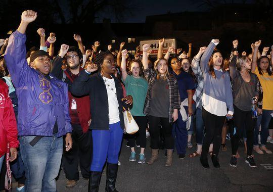 University of Oklahoma students rally outside the now closed University of Oklahoma's Sigma Alpha Epsilon fraternity house during a rally in Norman, Okla., Tuesday.&#160;(Photo: Sue Ogrocki, AP)