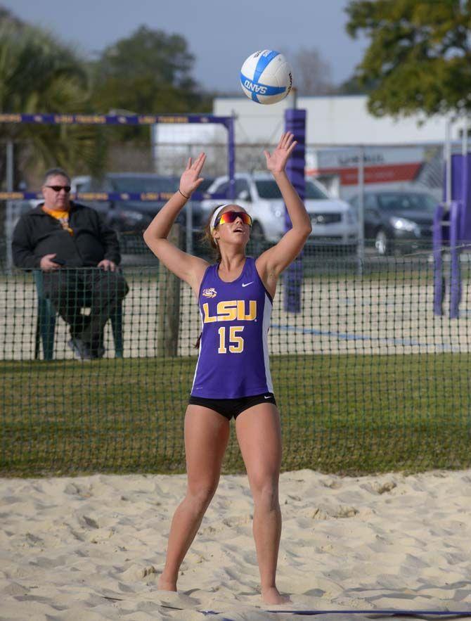 LSU freshman Mandi Orellana (15) hits the ball during Scrimmage on Sunday, March 1, 2015 at Mango&#8217;s Beach Volleyball Club.