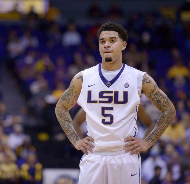 LSU junior guard, Josh Gray (5), looks to the crowd during the Tiger's 81-77 loss against Auburn on Thursday, Feb. 5, 2015, in the Pete Maravich Assembly Center.