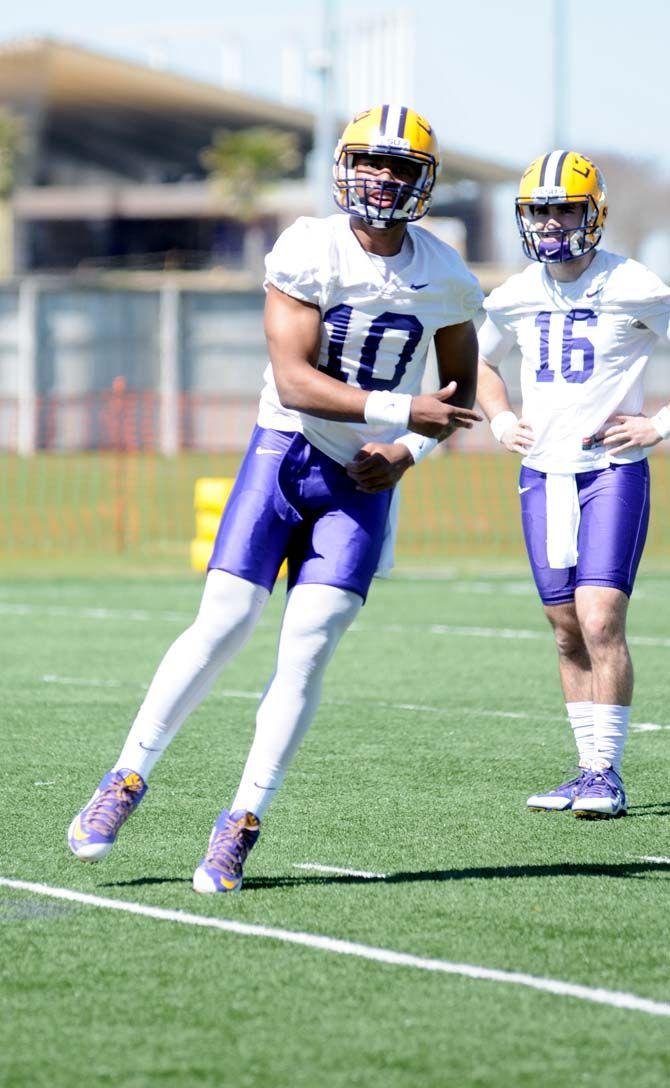 LSU junior QB Anthony Jennings (10) passing the ball on Saturday, Mar. 07, 2015 during the first spring practice at the Football Operations practice field.