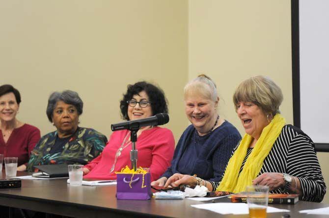 (From left to right) Theresa Robert, Florence Robinson, Marylee Orr, Wilma Subra, author Peggy Frankland, and (not pictured) Les Ann Kirkland speak on a panel concerning women-led activism and the environmental movement in Louisiana Tuesday, Mar. 17, 2015, to celebrate Women's History Month at LSU's Memorial Hill Library.