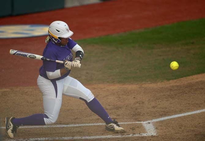 LSU junior infielder Bianka Bell (27) bats the ball on Tuesday, March 17, 2015 during the Tigers' 6-1 win against Nicholls in Tiger Park.