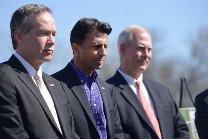 Gov. Bobby Jindal, along with LSU President F. King Alexander and agency representatives, break ground on the new Center for River Studies- the first of three buildings to make up the Water Campus.