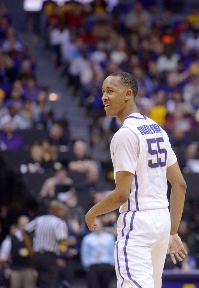 LSU sophomore guard Tim Quarterman (55) smiles after a successful play in the game on Saturday, Feb. 28, 2015 during the Tigers' 73-63 victory against Ole Miss in the Pete Maravich Assembly Center.