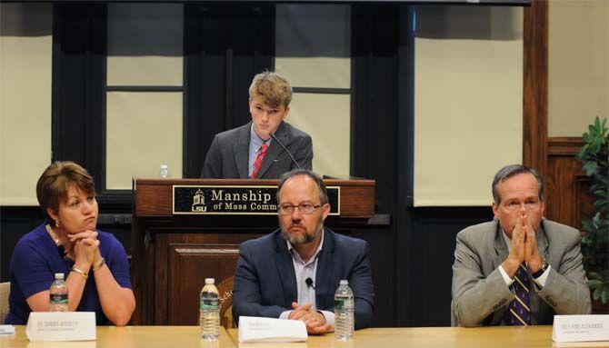 LSU President and Chancellor Dr. F. King Alexander, Jan Moller from the Louisiana Budget Project and State Representative Patricia Smith on Wednesday, Mar. 18, 2015 answering questions concerning budget cuts at the Higher Education Forum in the Journalisim Building.