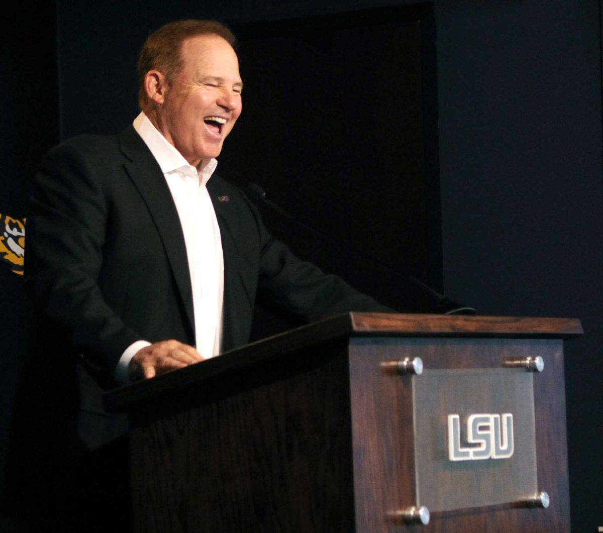 LSU head coach Les miles addresses the media in his weekly meeting Lunch with Les Monday October 20, 2014.