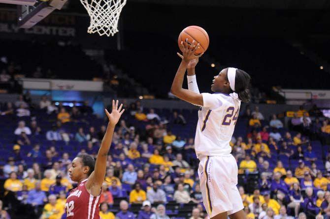 LSU senior guard, Deshawn Harden (24), scores on Sunday during the tigers' 51-39 victory against Alabama on Sunday, Feb. 8, 2015 in the Pete Maravich Assembly center.