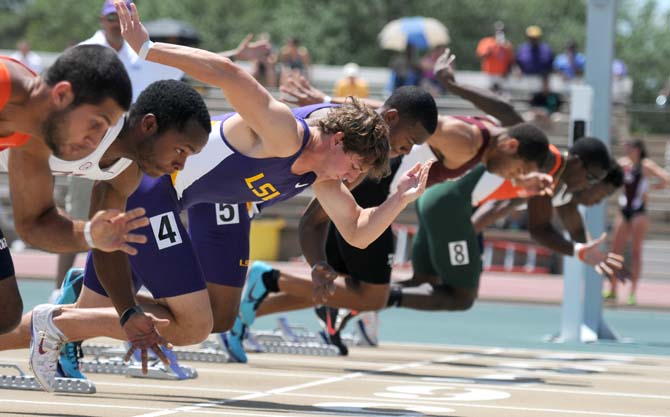 LSU junior sprinter Trevor Sansone competes Saturday, May 3, 2014 at the LSU Bernie Moore Track Stadium.