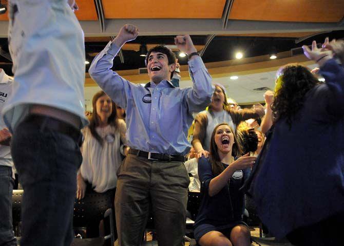 LSU Student Government vice presidential candidate Hannah Knight and presidential candidate Andrew Mahtook from the Here &amp; Now ticket win the 2015 Spring election on Wednesday, March 11, 2015 in the Live Oak Lounge.