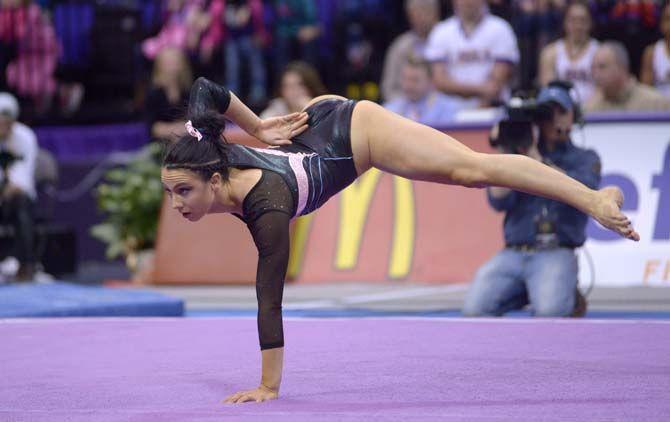 LSU senior all-arounder Rheagan Courville performs her floor routine during the Tigers' 198.075-196.850 victory against No. 9 Georgia on Friday, Feb. 6, 2015. in the PMAC.