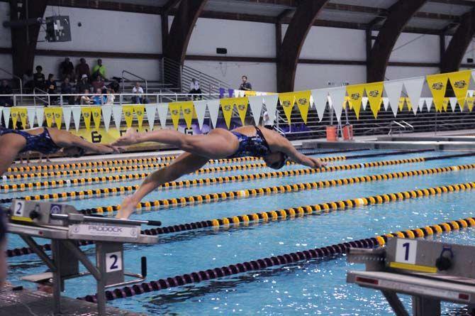 LSU sophmore Malika Shire starts off the medley relay on Jan. 30, 2015, Women's Swimming and Diving victory.