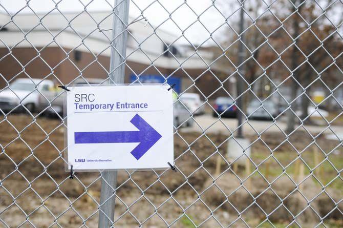 Temporary entrance signs direct students Tuesday, Jan. 13, 2015 to the side of the LSU UREC.