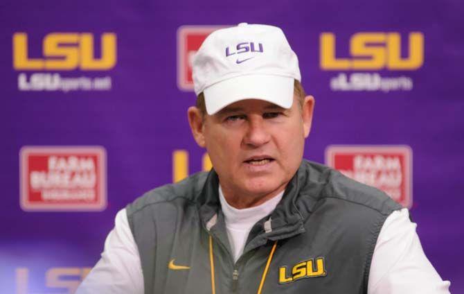 LSU head coach Les Miles adresses the press on Saturday, Mar. 07, 2015 after the first Spring football practice.