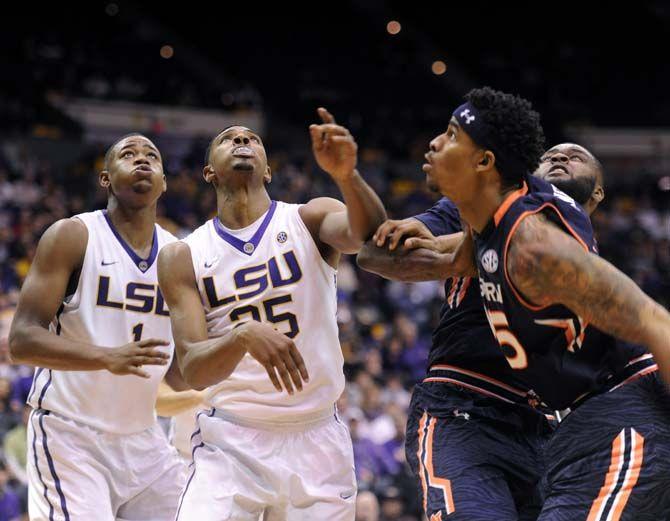 LSU sophomore forward Jarell Martin (1) and sophomore forward Jordan Mickey (25) watch for the ball during the Tiger's 81-77 loss against Auburn on Thursday, Feb. 5, 2015 in the Pete Maravich Assembly Center.