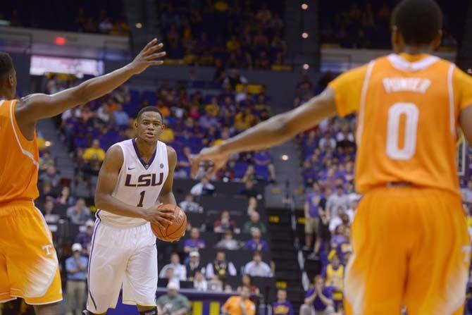 LSU sophomore forward Jarell Martin (1) looks to make a pass Wednesday, Mar. 4, 2015 during the Tigers' 78-63 loss against Tennessee in the Pete Maravich Assembly Center.