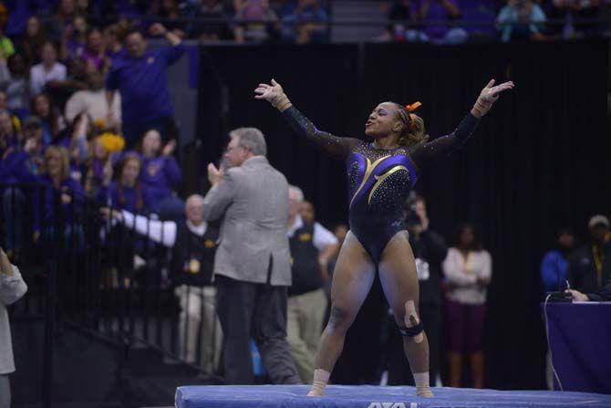 LSU senior Lloimincia Hall performs her floor routine during the Tiger's 198.375 - 195.450 victory against Minnesota on Friday, March 6, 2015, at the Pete Maravich Assembly Center.