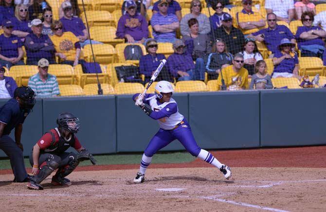 LSU junior infield/pitcher Bianka Bell (27) rearing up to hit the ball on Sunday March 8, 2015 during the Lady Tigers' record breaking 7-1 victory against the Arkansas Razorbacks.