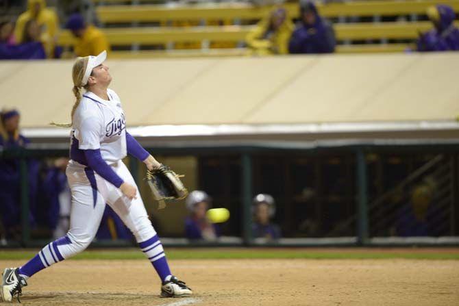 Freshman pitcher, Carley Hoover (21) pitches on Friday during the tigers' softball game against Ball State on Friday Feb. 27, 2015 at Tiger Park.