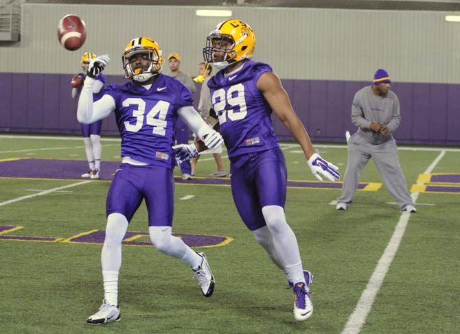 LSU senior DB Jordan Triche (34) and LSU Junior S Rickey Jefferson (29) on Saturday, Mar. 07, 2015 during the first spring practice at the Football Operations practice field.